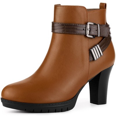 Perphy Women's Platform Side Zip Block Heel Cross Strap Buckle Ankle Boots