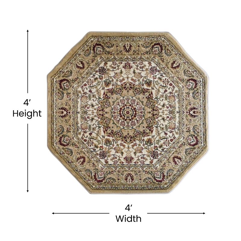 Merrick Lane Traditional Maidon 4' x 4' Persian Style Floral Medallion Motif Octagon Olefin Area Rug with Jute Backing in Ivory, 5 of 8