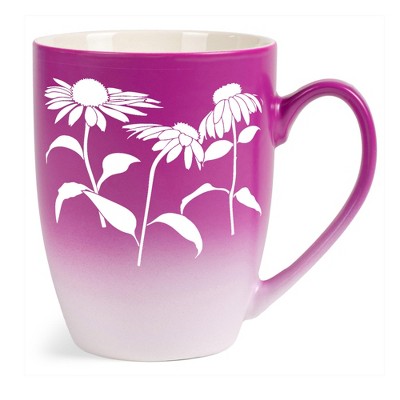 Elanze Designs Botanical Floral Flower Coffee Cup Mug 12 Ounce Ceramic With Ombre Gradient Elegant Minimalist Coneflower Silhouette Pink and White