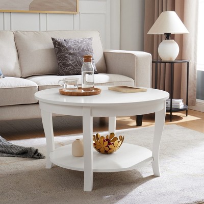 Damerin Traditional Wood Round Center Coffee Table With Storable Shelf 2 Layer-White