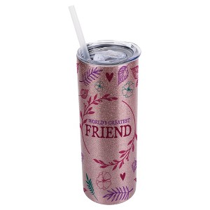 Elanze Designs Floral Bubblegum Pink 20 Ounce Double Wall Stainless Steel Glitter Travel Tumbler With Sliding Lid And Straw, World's Greatest Friend - 1 of 4
