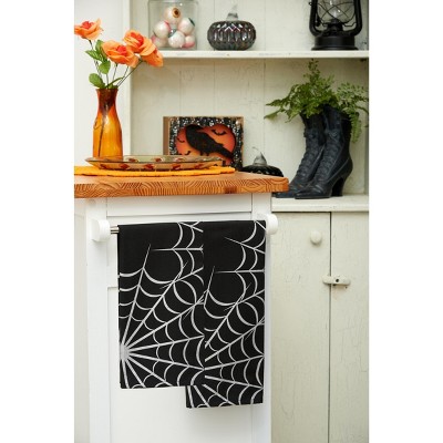 Creepy Halloween BLACK CAT & SPIDER ROSE Decor Kitchen Towels Set of 2 