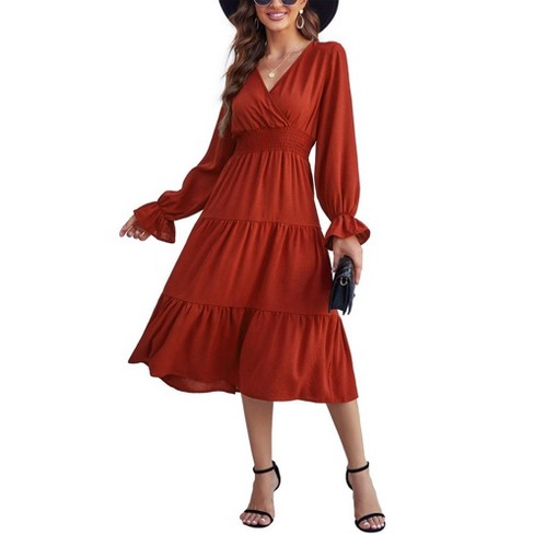 Women's Casual Wrap V Neck Midi Dress Long Sleeve Smocked Waist Tiered ...
