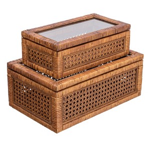 Storied Home Woven Wood and Rattan Display Boxes with Glass Lids, Set of 2 - 1 of 4