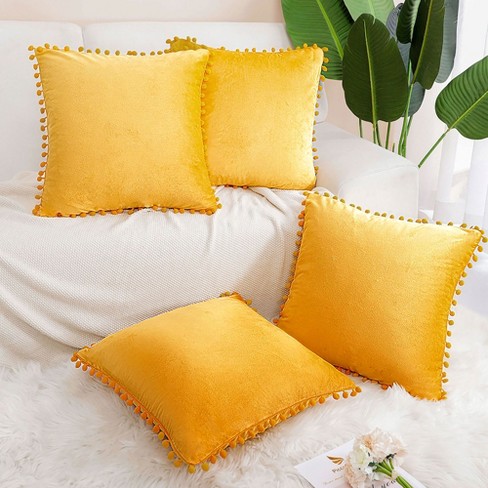 PiccoCasa Velvet Pom Pom Solid Soft Square Cushion Throw Pillow Covers 4Pcs Golden Yellow 18