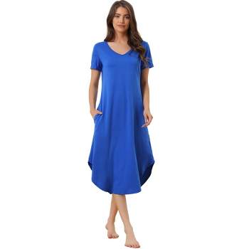 cheibear Women's V Neck Short Sleeve Long Nightgown Lounge Dress with Pocket