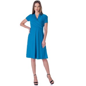 24seven Comfort Apparel Womens Short Sleeve Knee Length V Neck Rouched Wrap Dress - 1 of 4