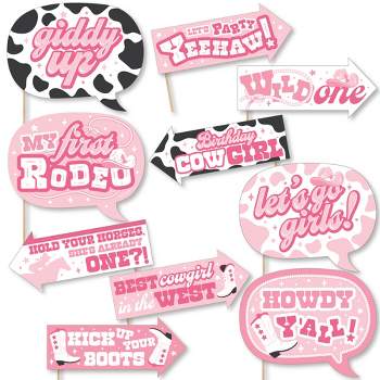 Big Dot of Happiness Funny Pink First Rodeo - Cowgirl 1st Birthday Party Photo Booth Props Kit - 10 Piece