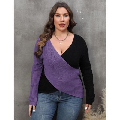 Plus Size Sexy Fall Sweaters Women Pullover Cross Color Wrap Knit Sweater V-Neck Slim Fit Going Out Tops Purple 3XL