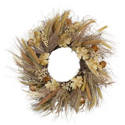 Northlight Cattail and Wheat Twig Artificial Fall Harvest Wreath, 24-Inch