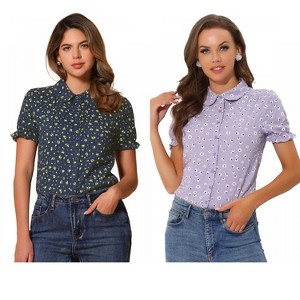 INSPIRE CHIC Women's Peter Pan Frilled Short Sleeve Floral Cotton Top 2 Packs - 1 of 4