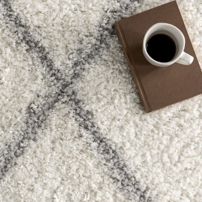 Plush White Geometric Shag 63" Square Area Rug