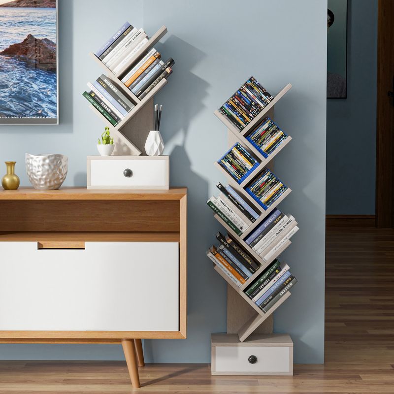 Tangkula 5-Tier Tree Bookshelf w/ Wooden Drawer Display Storage Organizer Rack, 4 of 11