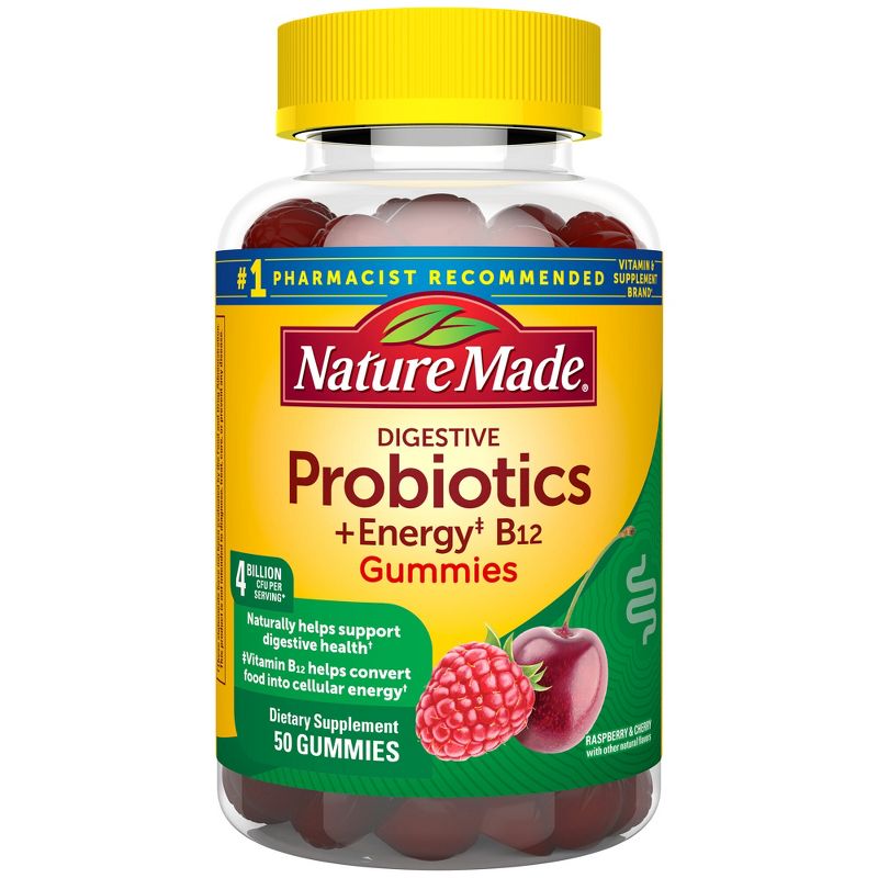 Nature Made Digestive Probiotics 4 Billion CFU per serving + Energy B12 Gummies - Raspberry &#38; Cherry - 50ct, 1 of 11