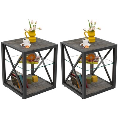 VYNXARIA Set of 2 Modern End Table Nightstand for Bedroom & Living Room, Tempered Glass&Rustic Wood Grain MDF
