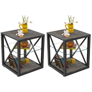 VYNXARIA Set of 2 Modern End Table Nightstand for Bedroom & Living Room, Tempered Glass&Rustic Wood Grain MDF - 1 of 4
