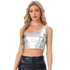 INSPIRE CHIC Women's Metallic Cropped One-Shoulder Party Cropped Holographic Tank Tops - 1 of 4