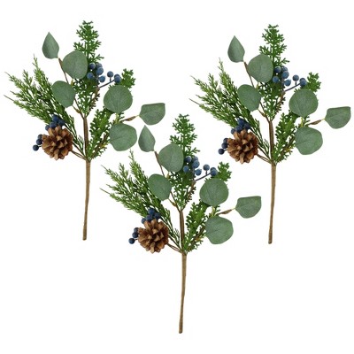 AuldHome Design Blue Berry Greenery Picks (Set of 3, 16in); Juniper Tree Floral Picks for Christmas and Seasonal Decor