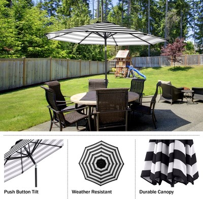 9 Ft Black and White Striped Outdoor Patio Umbrella with Tilt
