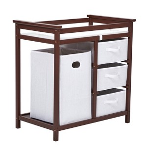 36" Brown Baby Changing Table with 3 Drawers, Laundry Hamper & Safety Belt   Nursery Dresser : Target