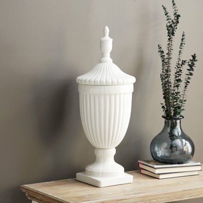 26" White Ceramic Tall Fluted Urn Vase with Lid