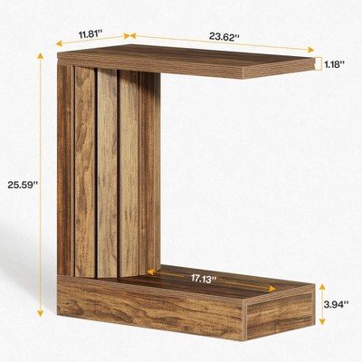 Resenkos Industrial C - Shaped Side Table, Rustic Wood End Table with Storage Shelf, Living Room Sofa Side Organizer Brown