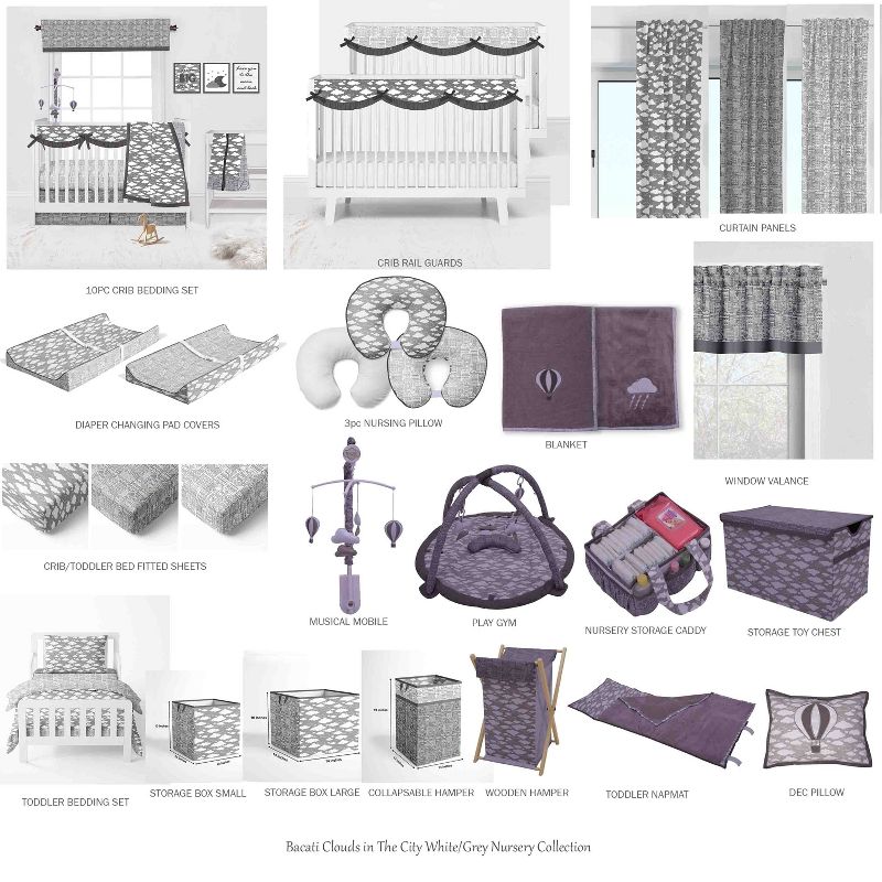 Bacati - Clouds in the City White/Gray 10 pc Crib Bedding Set with Long Rail Guard Cover, 4 of 12