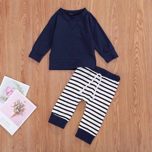 MyKids-USA Baby Boy 1pcs Solid Color Hoodie Combo Striped Pattern Trousers Sets - 1 of 4