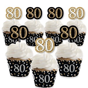 Big Dot of Happiness Adult 80th Birthday - Gold - Cupcake Decoration - Birthday Party Cupcake Wrappers and Treat Picks Kit - Set of 24 - 1 of 4