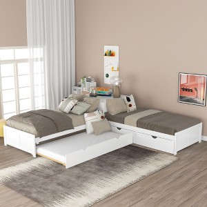 TIRAMISUBEST Twin Size L-Shaped Platform Bed with Trundle, 2 Drawers and Bulit-in Desk, Double Corner Beds, Two Shared Beds - 1 of 4