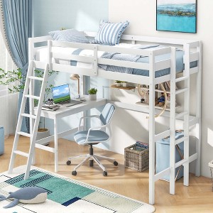 Costway Twin Size Loft Bed w/ Desk & Shelf 2 Ladders & Guard Rail for Kids Teens Bedroom Brown/Grey/White - 1 of 4