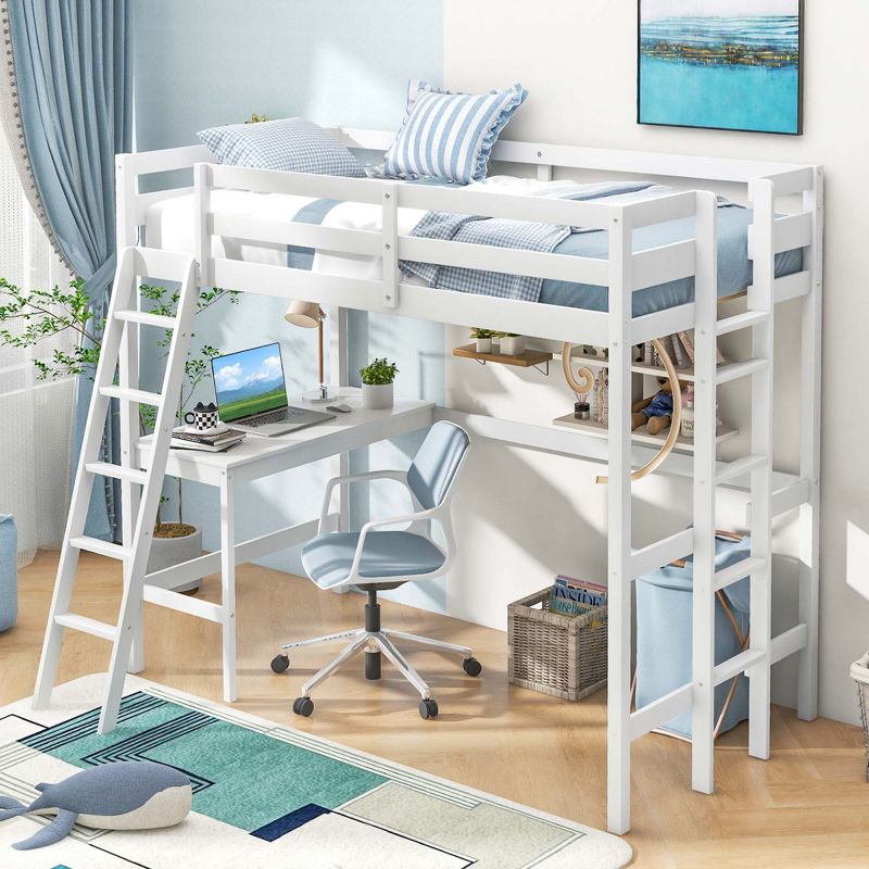 Costway Twin Size Loft Bed w/ Desk & Shelf 2 Ladders & Guard Rail for Kids Teens Bedroom Brown/Grey/White, 1 of 11