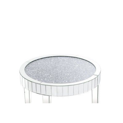 Sleek Round Mirrored Wood Coffee Table with Faux Diamonds