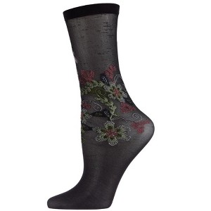 Natori Cascading Cyprus Floral Sheer Crew Sock Black One Size Fits Most - 1 of 2