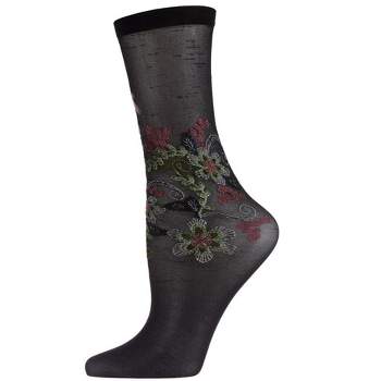 Natori Cascading Cyprus Floral Sheer Crew Sock Black One Size Fits Most