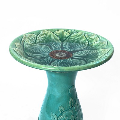 Aqua Green Ceramic Flower Carved Birdbath, 22-Inch Tall