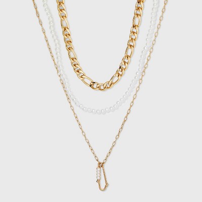 Figaro and Simulated Pearl with Safety Pin Charm Trio Chain Necklace - Wild Fable™