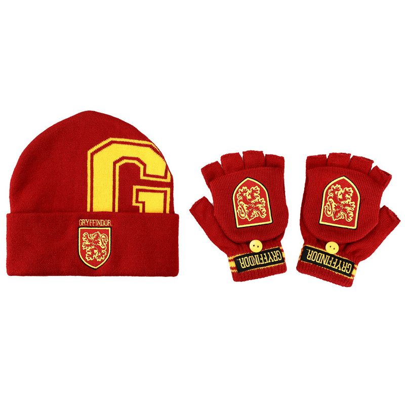 Harry potter Gryffindor Embroidered Cut Felt Jacquard Red and Yellow Acrylic Knit Beanie hat and Glomitt Combo, 1 of 5
