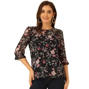 INSPIRE CHIC Women's Round Neck Ruffle 3/4 Sleeve Floral Print Chiffon Blouse - 1 of 4