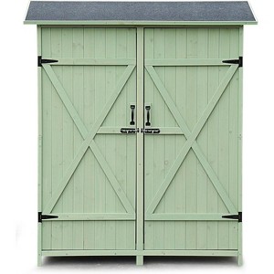 Outdoor Wooden Storage Cabinet with Waterproof Roof, Double Doors, Adjustable Shelving for Garden, Garage, Yard Organization - Green - 1 of 4