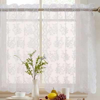 HLC.ME Jolene Floral Rod Pocket Lace Semi Sheer Voile Short Cafe Tiers - Set of 2