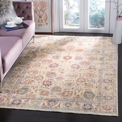 Cream and Purple Hand-Knotted Rectangular Viscose Area Rug
