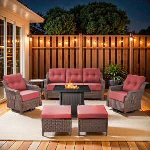 Buenhomino Patio Furniture Set with Fire Pit Table-7 Pieces All Weather Wicker Outdoor Furniture with 6" Thick Cushion Swivel Patio Chairs - 1 of 4