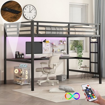 CAVINAS Full XL Size Black Loft Bed with Power Outlet & LED Lighted,Modern Metal Bed Frame for Adults,Teens