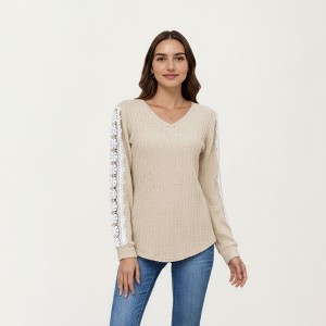 Anna-Kaci Women's Long Sleeve V-Neck Knit Top with Lace Trim Detailing on Sleeves - 1 of 4