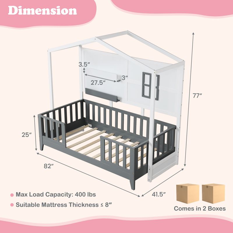 Costway Twin Size Kids House Bed with Fence Window Wooden Slats & 2 Storage Shelves, 3 of 10