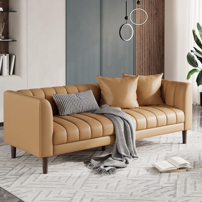 Faux Leather Sofa Couch, Modern 78" W Sofa with Deep Seats, 3 Seater Sofa Couch with 2 Throw Pillows and Wood Legs