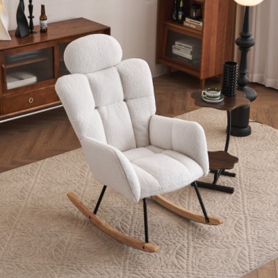 White Upholstered Rocking Glider Chair Contemporary Style with High Back and Pillows