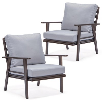 LeisureMod Walbrooke Modern Outdoor Armchair With Brown Aluminum Frame Set of 2