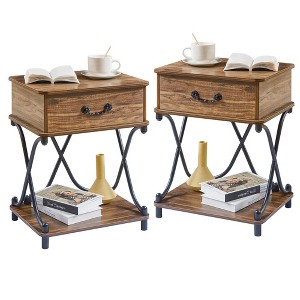 VECELO 1-Drawer Nightstands Set of 1/2 End Side Tables Modern X Design Metal Bedside Tables with Open Shelf Brown - 1 of 4